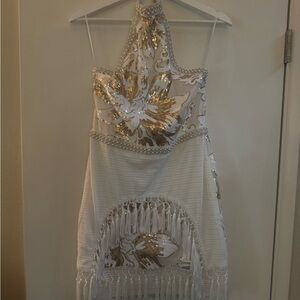 12th Tribe Sequin Halter Mini Dress w/ Pearl Trim & Fringe – Size Large
